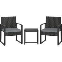 Rattan Bistro Set 3 Piece Garden Furniture Set Glass Top Table Cushions Light Grey