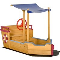 Wooden Sandbox Play Station Covered Sand boat Outdoor Backyard w Canopy Shade Aged Old Aosom UK