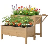 Outsunny Potager sur Pieds à 2 niveaux Jardinières surélevées étagères doublure trous de drainage 119,5x102x76,5cm, marron clair