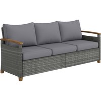 3 Seater Rattan Garden Sofa PE Wicker Outdoor Sofa Wide Deep Seat 4" Cushions Wood Effect Armrests Legs Dark Grey