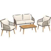 4 Piece Rattan Garden Furniture Set Loveseat Armchairs Wood Table Wicker Patio Conversation Set Cream
