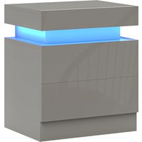 HOMCOM Grey Bedside Table with LED Light, High Gloss Front Nightstand with 2 Drawers, for Living Room, Bedroom