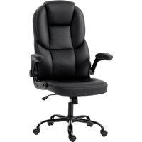 HOMCOM Ergonomischer Bürostuhl mit gepolsterten, klappbaren Armlehnen und hoher, atmungsaktiver, geschwungener Rückenlehne, gepolsterter drehbarer PU-Ledersitz, Wippfunktion, höhenverstellbar, Schwarz Aosom
