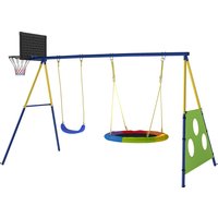 AIYAPLAY Balançoire Portique Enfants 4-en-1, avec Balançoire Nid, Panier de Basket et Cage de Football, Aire de Jeux, Multicolore