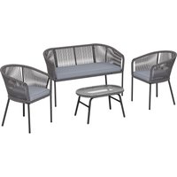4 Piece Garden Furniture Set Rope Garden Sofa Set 1 Loveseat 2 Chairs Tempered Glass Table Cushions Dark Grey