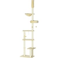 PawHut IE Located Floor to Ceiling Cat Tree, Adjustable Height, Cat Climbing Tower with Carpeted Platforms, Cozy Bed, Hammock, Scratching Posts, Toy Balls, Activity Center for Kittens, Beige | Aosom Ireland