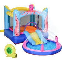 Outsunny Aufblasbare Hüpfburg Oktopus-Muster mit Rutsche Trampolin Spielburg Wasserrutsche Pool für Kinder 3-8 Jahre Oxfordstoff Aosom.de