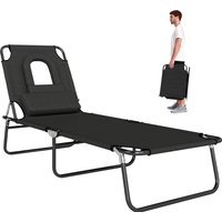 Outsunny Chaise Longue Pliable Bain de Soleil Transat avec Trou de Lecture Dossier 4 Positions de Réglage Oreillers Amovibles Charge Max.120 Kg
