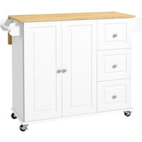 HOMCOM Kitchen Island with Drop Leaf, Rolling Kitchen Storage Trolley on Wheels with 3 Drawers, Spice Rack and Towel Rack, Storage Cart with Rubber Wood Top, White | Aosom Ireland