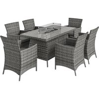 Outsunny 7 Pieces Outdoor Rattan Garden Furniture with Fire Pit Table, 6 Seater Garden Table and Chairs with Cushions, Rattan Dining Set with Propane Heater Table, Windscreen, 50,000 BTU, Grey | Aosom Ireland