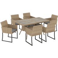 Outsunny 7 Piece Rattan Garden Furniture Set, Garden Dining Set with Wood-Plastic Table and 6 Stackable Chairs, Dark Grey | Aosom Ireland