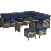 Outsunny 7-Seater Patio wicker Sofa Set Rattan Chair Furniture w/ Glass & Cushioned, Dark Blue | Aosom Ireland