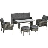 Outsunny 7 Seater Rattan Garden Furniture Set, 6 Piece Patio Dining Set, Armchairs, 3-Seater Sofa, Footstools, Glass Dining Table, Cushions, Wicker Outdoor Furniture for Conservatory Patio Mixed Grey | Aosom Ireland