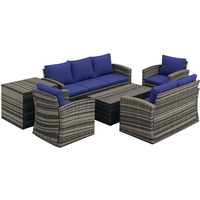Outsunny 6 Pieces Rattan Garden Furniture Set, 7 Seater Wicker Outdoor Furniture Set with Storage Tea Table & Side Table, Sectional Garden Sofa Set with Cushions, Navy Blue | Aosom Ireland