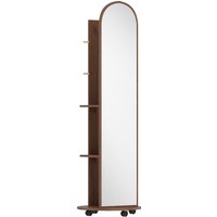 HOMCOM 2-in-1 Full Length Mirror with Storage Shelves, Floor Mirror with 4 Wheels, Coat Rack, Hooks, Brown Wood Effect | Aosom Ireland