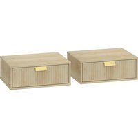 HOMCOM Modern Floating Nightstands Set of 2, Wall Mounted Bedside Tables with Wave Drawer Oak