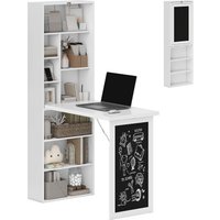 HOMCOM Bureau Mural Pliable Table Murale Rabattable Suspendue sur Pied avec bibliothèque Tableau à Craie intégré Panneaux Particules Blanc