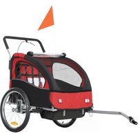 HOMCOM Remorque vélo enfant 2 en 1 avec ceinture de sécurité 5 points, réflecteurs, drapeau et rideau coupe-vent, rouge