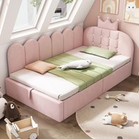 Upholstered Daybed with Hydraulic Storage and Crown Headboard, Pratical Guest Bed with Padded Velvet Upholstery, 199L x 96W x 96H cm, Pink Aosom UK