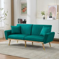 Convertible Futon Sofa Bed with 3-Position Adjustable Backrest, Modern Fleece Loveseat with Solid Wood Legs, 197.5L x 86W x 60H cm, Green Aosom UK