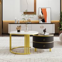 2 1 Round Coffee Table Set High Gloss Tops Space Saving Center Table Set 2 Drawers x 70W x cm White+Black Aosom UK