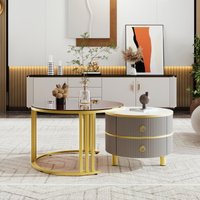 Stylish 2 1 Round Coffee Table Set High Gloss Top Space Saving Center Table Set 2 Drawers x 70W x cm Grey+Brown Aosom UK