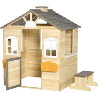 Outsunny Wooden Kids Playhouse Outdoor Garden Games Cottage w/ Door, windows, Bench, Service Stations, Flowerpot Holder | Aosom Ireland