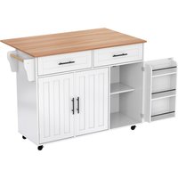 Grande ilha de cozinha com tampo extensível dobrável, 5 rodízios (2 com travão) , 129x46/71x91,5 cm, Branco+Cor natural AOSOM Portugal