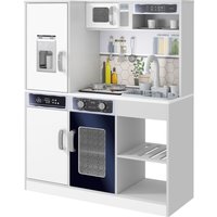 AIYAPLAY AIYAPLAY Kinderküche Spielküche mit Lichtern und Geräuschen Kochherd, fließendes Wasser, Kaffeemaschine, Kühlschrank, Mikrowelle, Eiswürfelmaschine, Küchenzubehör für 3-8 Jahre Kinder, Weiß Aosom