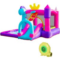 Outsunny Aufblasbares Schloss mit Rutsche, Trampolin, Spielbereich, Pool und Korb für bis zu 3 Kinder ab 3 Jahren, Gebläse und Tragetasche, Gebläse 350W inkl., Maße 300L x 270l x 200H cm, Mehrfarbig Aosom