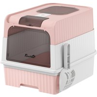 PawHut Enclosed Cat Litter Box with Lid, Pull-Out Drawer Tray, Scoop, 4 Deodorisation Bags, Front Entry & Top Exit, Pink