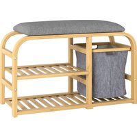 HOMCOM Banco para sapatos com almofada de assento, 2 prateleiras de ripas e cesto de tecido deslizante, 70x30x45cm, madeira natural Aosom Portugal