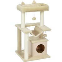 PawHut Cat Tree, 90cm Cat Tower with Sisal Scratching Posts, Cat Condo, Hammock, Top Perch and 2 Hanging Toys for Cats, Beige
