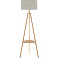 HOMCOM Bedside Light, Tripod Floor Lamp with Storage Shelf and Linen Shade for Living Room, 160cm, Natural Wood Colour