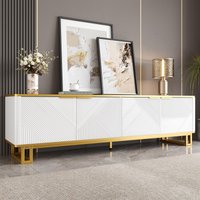 Modern TV Cabinet with 4 Geometric Embossed Doors and Open Top Shelf, Spacious TV Stand with Hidden Storage, 160L x 37.5W x 48H cm, White Aosom UK