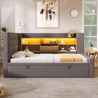 Upholstered Daybed with Pull-Out Trundle and Space-Saving Storage, Grey Linen Bed Frame with LED Lighting, 204L x 107W x 88H cm, Grey Aosom UK
