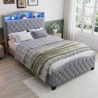 Upholstered 4ft6 Double Bed with Built-in Bedside Storage, Sturdy Storage Bed with Colourful LED Light Strip, 210L x 140.5W x 124H cm, Grey Aosom UK