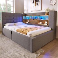 Upholstered Single Bed with Interchangeable L‑shaped Headboard, Stylish Linen Bed Frame with Hydraulic Storage, 203L x 108W x 86H cm, Grey Aosom UK