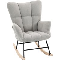 HOMCOM Rocking Chair, Teddy Fleece Rocker Chair with Tufted Wingback, Side Pockets, Rubber Wood Legs, Light Grey