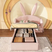 Bunny Ears Children's Upholstered Bed Frame with Hydraulic Storage, Rose Kids Bed with Padded Headboard, 206L x 149W x 143H cm, Rose Aosom UK