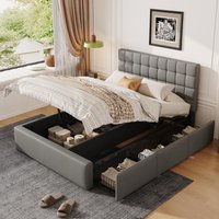 Elegant Upholstered Bed with Hydraulic Lift, Sturdy Storage Bed with 3 Storage Drawers, 202L x 148W x 100H cm, Grey Aosom UK