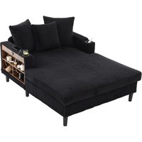 Multifunktionale Cord-Chaiselongue mit beidseitigen Getränkehaltern und klappbarer Armlehne, 129x170x70 cm, Schwarz