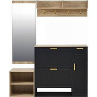 4-teiliges Garderoben-Set, komplettes Flurmöbel-Set mit Schuhschrank, Sitzbank, Wandgarderobe und Spiegel, 130x30x174 cm, Schwarz