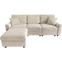 Modernes Sofa mit Fußhocker, Dual‑Port‑Ladefunktion, inkl. 2 quadratischen Kissen, abnehmbare Sitzkissen, 223x146x84 cm, Beige