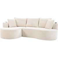 Bogesofa aus Cord mit beidseitigen Getränkehaltern und Seitentasche, inklusive Kissen, 250x152x82 cm, Beige