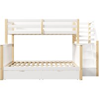 Etagenbett 90x200 über 140x200, erhöhtes Schutzgeländer und Leiter, ohne Matratze, 254x145x150 cm, Weiß+Naturfarbe