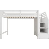 Hochbett 90x200cm mit Lattenrost, Rundum-Schutzgeländer mit integriertem Stauraum, ohne Matratze, 256x98,5x147 cm, Weiß