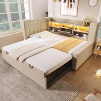 Convertible Daybed Trundle with Clever Storage and Sturdy Frame, Breathable Sofa Bed with Integrated Charging, 204L x 107W x 88H cm, Beige Aosom UK