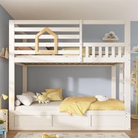 Children's Cabin Bunk Bed with Hydraulic Underbed Storage, Space‑Saving Bed Frame with Integrated Ladder, 200L x 102W x 184H cm, White Aosom UK