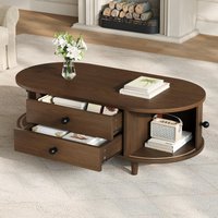 Oval Coffee Table with Sliding Roll-Top Doors, Sturdy Center Table with Two Drawers, 100L X 50W X 36H cm, Walnut Aosom UK